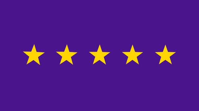 Five yellow stars rating symbols aligned on solid purple background