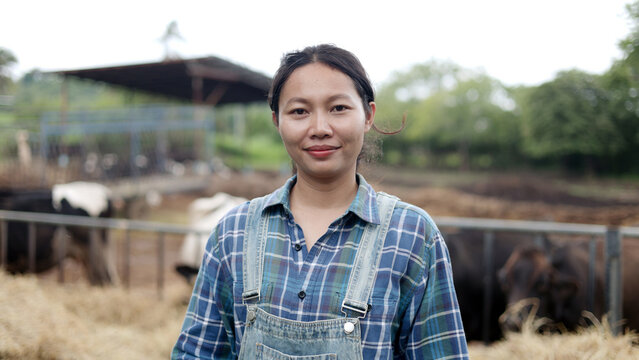 Portrait of happy Asian female farmer smiling while standing in front of cow pen on local livestock agricultural farm.
