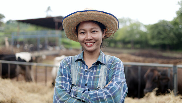 Portrait of confident Asian female farmer wearing hat standing with arms crossed at local dairy cow livestock farm.