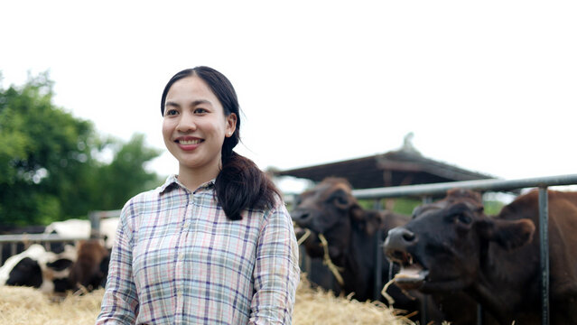 Portrait of happy Asian female farmer smiling while standing in front of cow pen on local livestock agricultural farm.