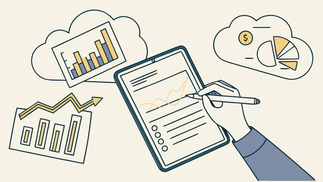 Business analytics concept with hand completing digital checklist, financial charts and data reports illustrating planning, analysis and management
