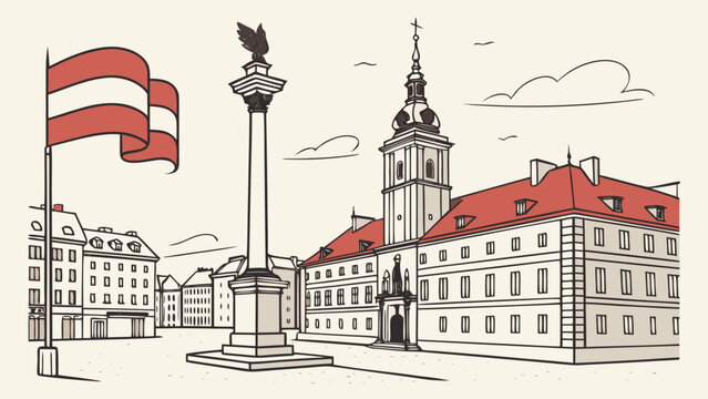 Vienna cityscape with Austrian flag, historic buildings and monument in traditional european architecture, hand drawn travel illustration