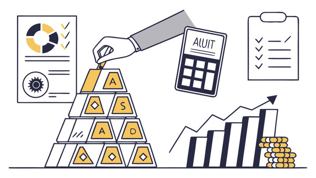 Financial investment concept with gold bars, calculator, analytics report, checklist and rising profit chart illustrating wealth, savings and business growth