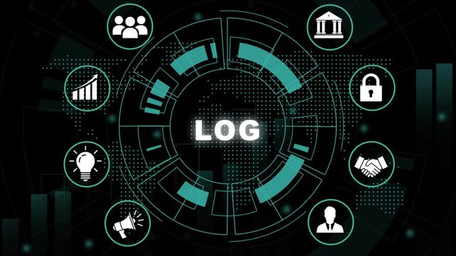 Digital business log interface featuring futuristic hud circular data visualization with animated financial global network connectivity, corporate security symbols, and data analytics
