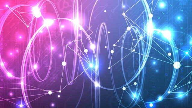 Abstract futuristic technology background with glowing neon spiral, data network and binary code. Vector