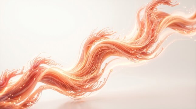 A flowing, abstract wave of orange and pink lines on a white background, with a subtle glow and a few small particles.