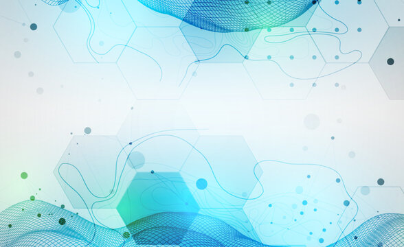 Abstract technology background with blue wireframe wave and  hexagons. Vector