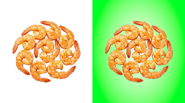 Fresh cooked shrimp arranged in a circular mandala pattern