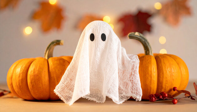Cute ghost decoration between pumpkins with autumn leaves