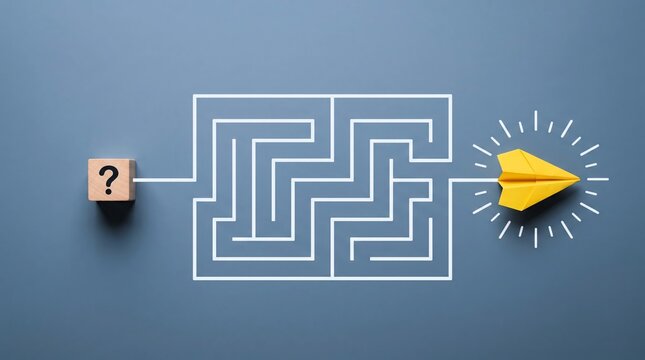 Yellow paper airplane emerges from a complex white maze starting at a wooden block with a printed black question mark