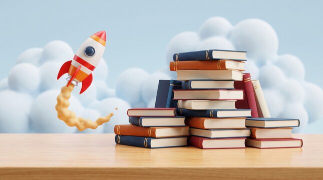 Colorful toy rocket ship blasting off near stacks of vintage hardcover books rendered with smooth textures and bright lighting effects