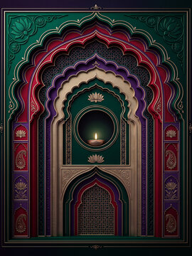 A luxurious geometric Navratri design combining architectural Indian arches, jewel tones, metallic details, and a subtle central diya.