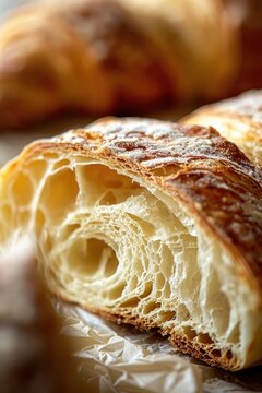 Croissant texture cut in half bread dessert pastry.