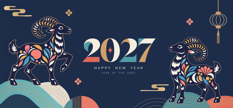 2027 Year of the Goat Banner with Two Colorful Goats in Modern Folk Art Style