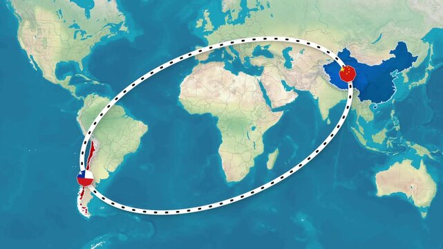 China and Chile Bilateral Relationship Map Animation Footage