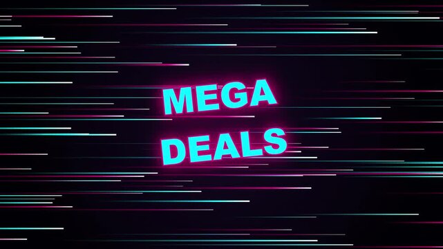Mega Deals Neon Typography Motion Graphics with Glowing Blue Text on Dark Background Light Streaks