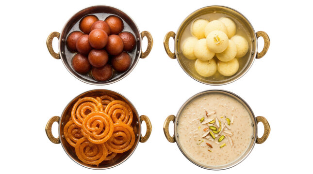 Traditional indian sweets including gulab jamun, rasgulla, jalebi, and kheer in metal bowls isolated on transparent background