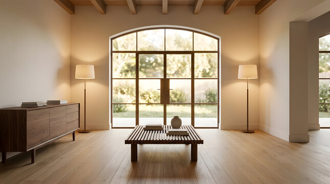 Modern minimalist hall with arched window and wooden furniture.