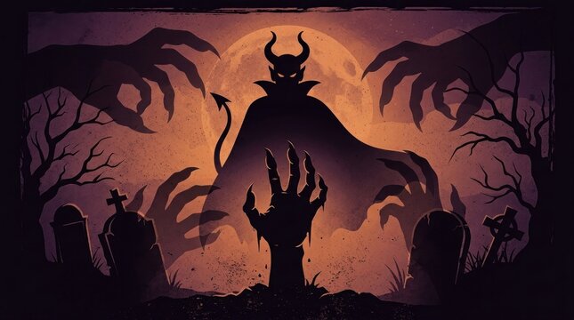 A spooky, dark, Halloween-themed illustration featuring a devilish figure, a full moon, and a graveyard with zombie hands and tombstones.