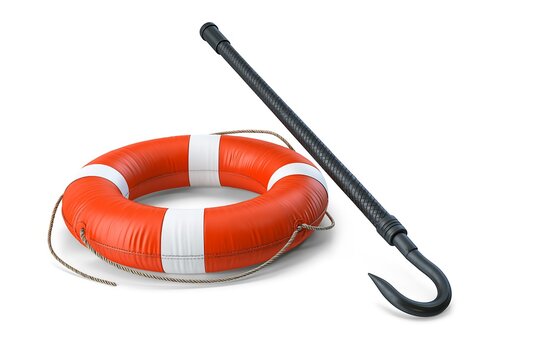 Orange rescue lifebuoy ring with grab rope and marine boat hook isolated on white background