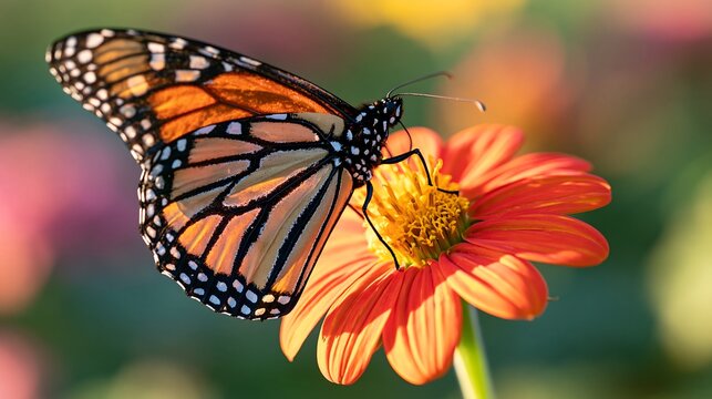 Monarch butterfly with orange and black wings perched on a vibrant orange zinnia flower in a sunlit garden, close-up macro