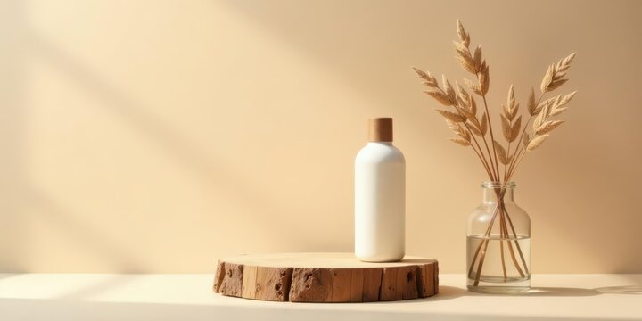 Simple elegance a minimalist product display featuring a white bottle on a wooden slice with dried plants in a glass vase against a neutral backdrop