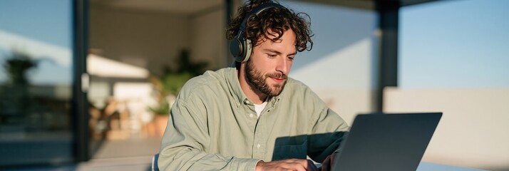 Obraz premium Wide panoramic remote work scene of man with headphones using laptop on a sunlit terrace for banner background and workspace design