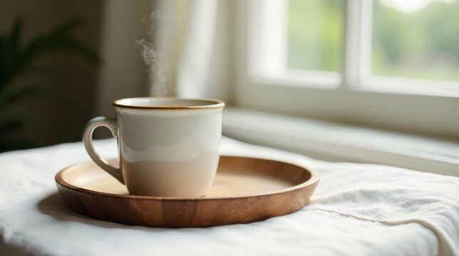 A steaming cup of morning beverage on a wooden tray rests gently on a light-colored textile surface near a bright window.
