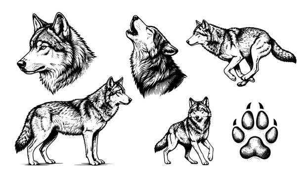 Gray Wolf Head Howling Running and Wild Wolf Vintage Black White Vector Set