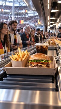 Burger meal sits on counter for stadium dining service. Fries, drink and takeaway box fill foreground while fans in team scarves wait at concession line during lively match day, ready to collect