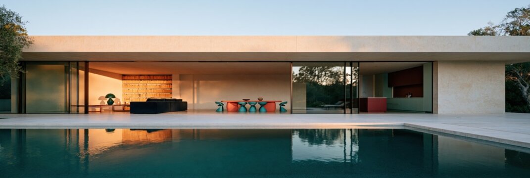 Minimalist modern poolside villa exterior with infinity pool for architecture background and banner design