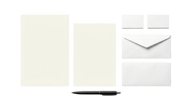 Corporate stationery set with blank paper, envelopes, business cards, and a black pen, isolated on transparent background