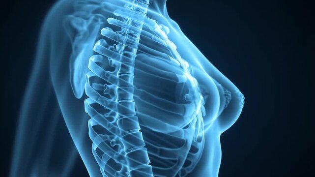 Rotating medical scan of the human chest showing the rib cage, lungs and spine. Radiology visualization for anatomy and diagnostic healthcare.