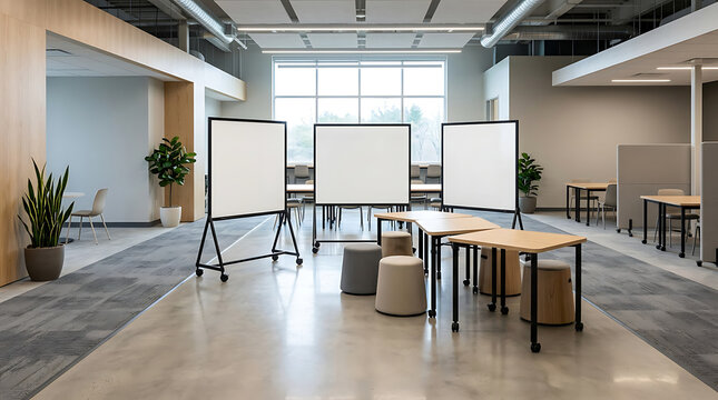 Modern minimalist office setup with mobile whiteboards and tables