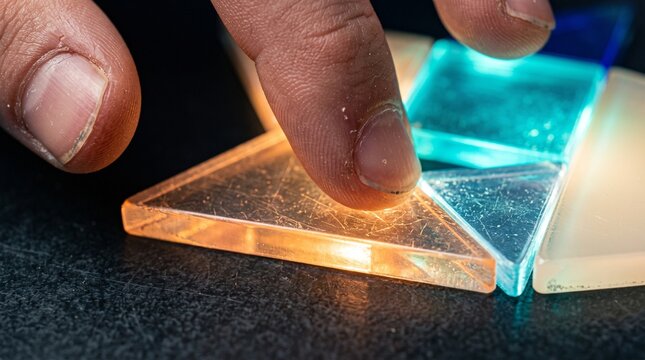 Photorealistic Close-Up of a Finger Touching an Illuminated Translucent Geometric Piece