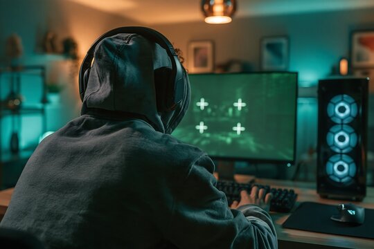 Person wearing a grey hoodie and headphones playing a game on a computer in a dimly lit room with teal ambient lighting