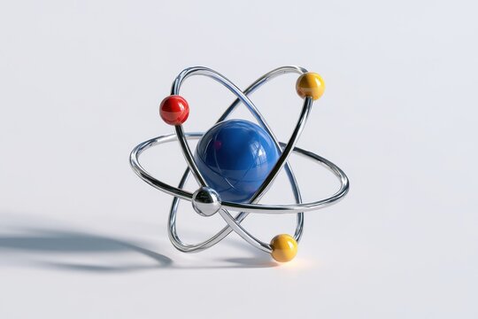 A shiny atom model with colorful electrons orbiting a nucleus isolated on white background.