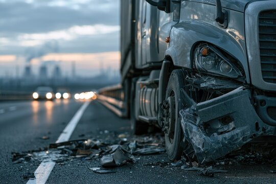 A damaged truck is shown on a highway at dusk with debris scattered around, while blurred vehicles with headlights approach in the background.