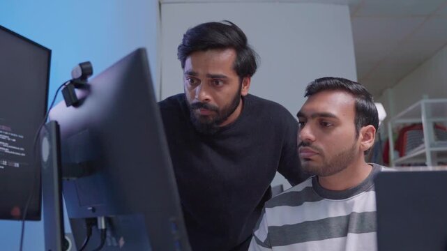 Team engineers software development are brainstorming using computer writing code. Programmer teamwork meetings using technology artificial intelligence work system about cyber security and coding