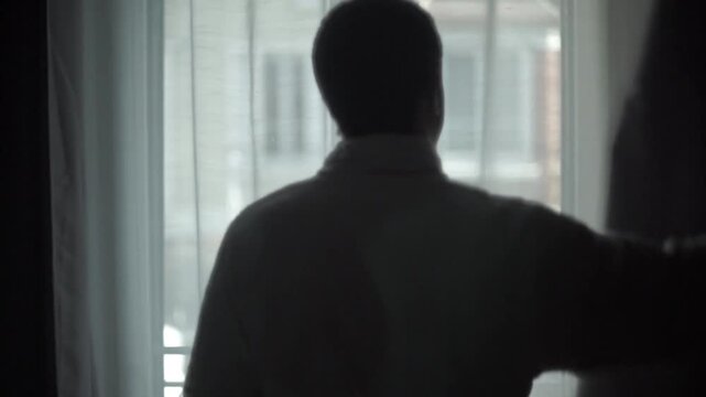 Silhouette of a man looking through a window with curtains at city buildings silhouette curtains interior thinking