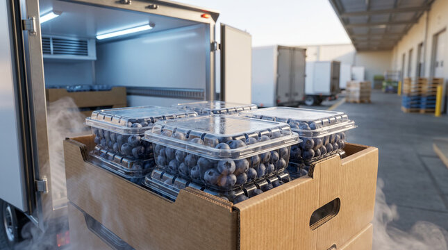 Fresh Blueberries in Refrigerated Truck for Cold Chain Delivery and Export Logistics
