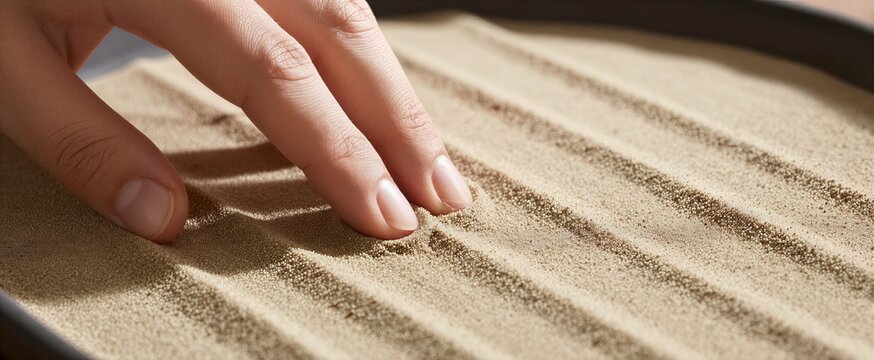 Close Of Human Hand Pressing Bed Fine Golden Brown Sand To Adult With Lines Creases On Fingers Palm Suggesting Maturity Skin Tone Light