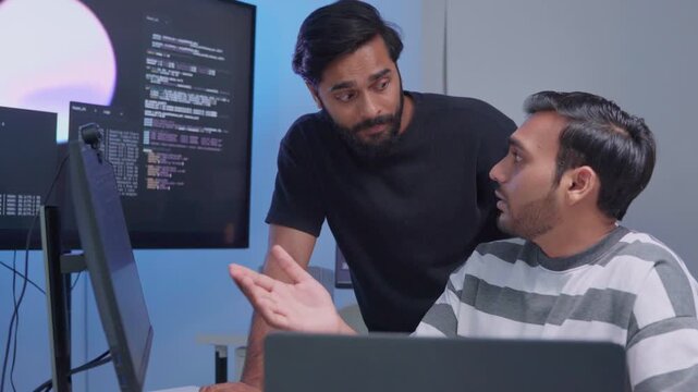 Team engineers software development are brainstorming using computer writing code. Programmer teamwork meetings using technology artificial intelligence work system about cyber security and coding