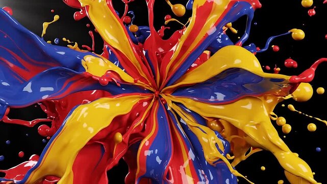 Glossy abstract liquid paint shapes transform into colorful radial bursts. Dynamic 3D motion graphic expressing energy, movement and creative design.
