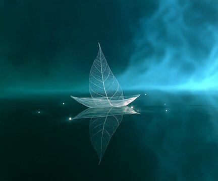A delicate skeleton leaf shaped like a sailboat floating on a dark, calm, teal-colored water surface with a soft glowing reflection