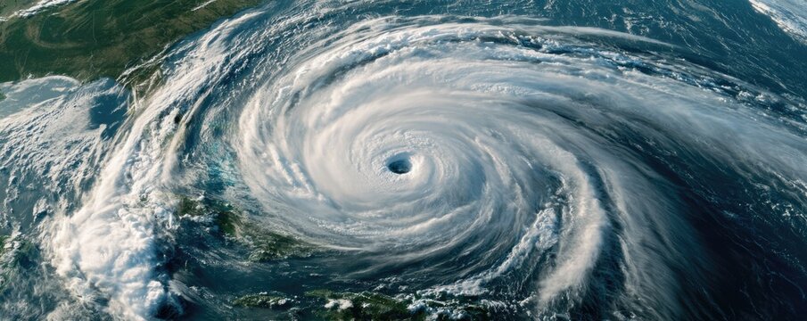 A massive hurricane with a distinct eye swirling over the ocean, showing powerful storm clouds and intense weather patterns.