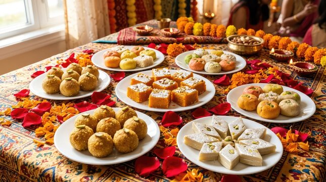 A vibrant and colorful display of traditional indian sweets celebrating the joyous festival of diwali symbolizing prosperity and togetherness