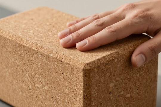 Close Of Human Hand Resting On Rectangular Block Made Cork To Belong Adult With Lines Wrinkles Skin Suggesting Maturity Nails Short