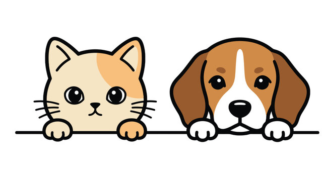 Cute cat and adorable beagle dog vector illustration featuring bold outlines and soft warm colors
