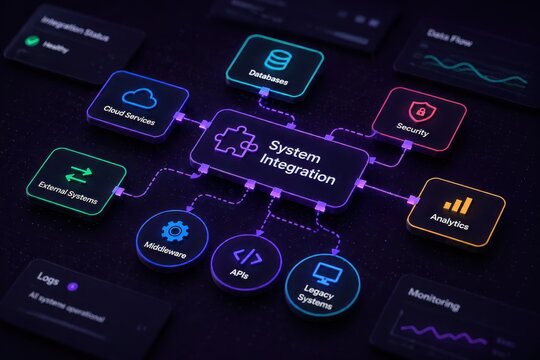System Integration Diagram Showcasing Connectivity Between Cloud Services Database Security Analysis Legacy Systems and APIs